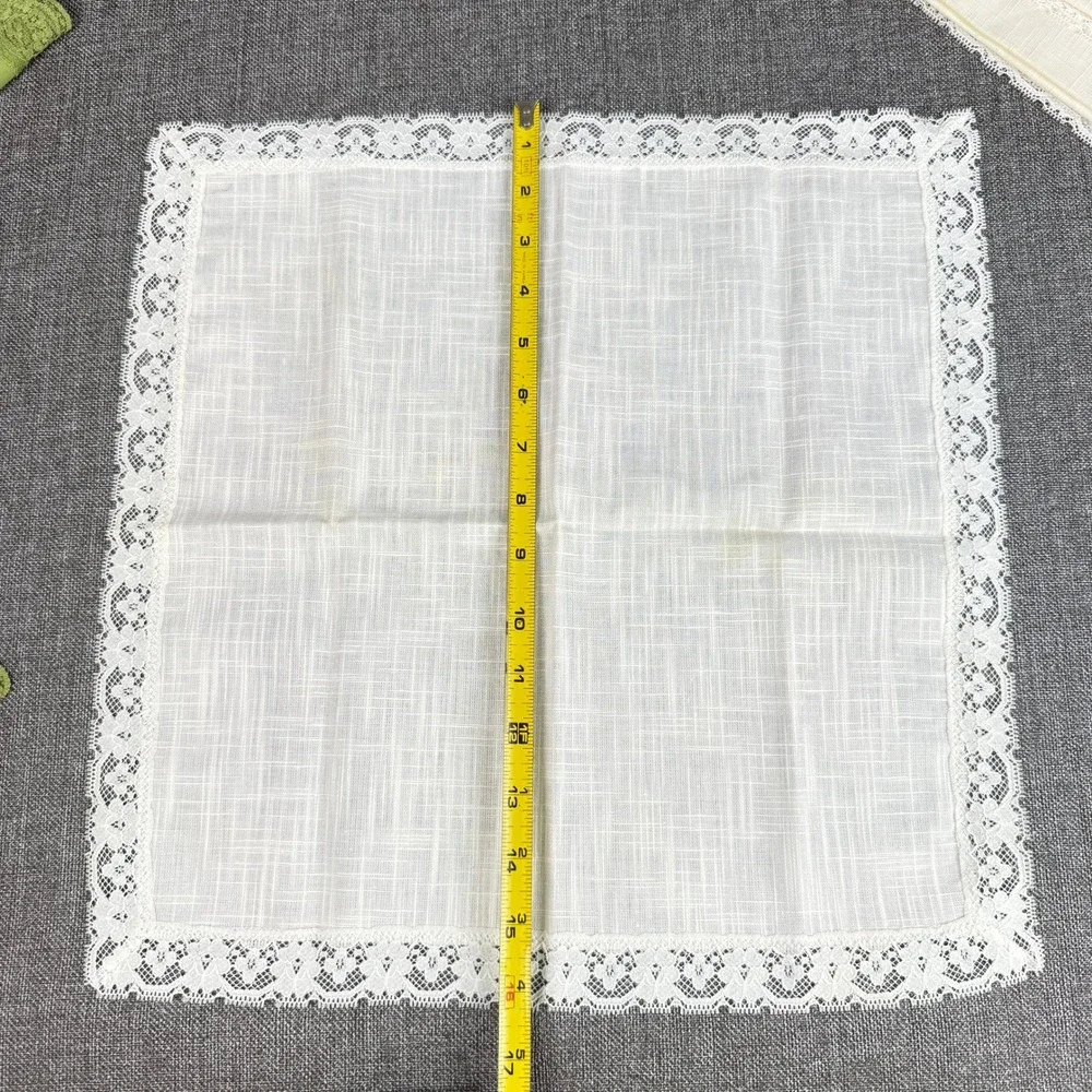 Vintage Lace Trim Cloth Napkin Set 10pc Green Cream White Linen Lot of 8